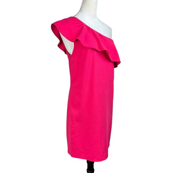 French Connection NWT Deep Hot Pink One Shoulder Ruffle Overlay Mini Dress - Picture 3 of 12